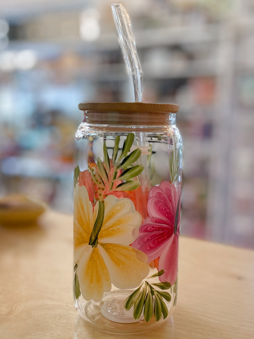 Hibiscus | Hand Painted Glass Can Tumbler