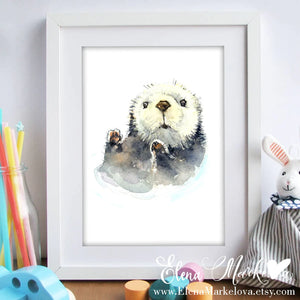 Baby Otter Watercolour Nursery Print | Elena Markelova