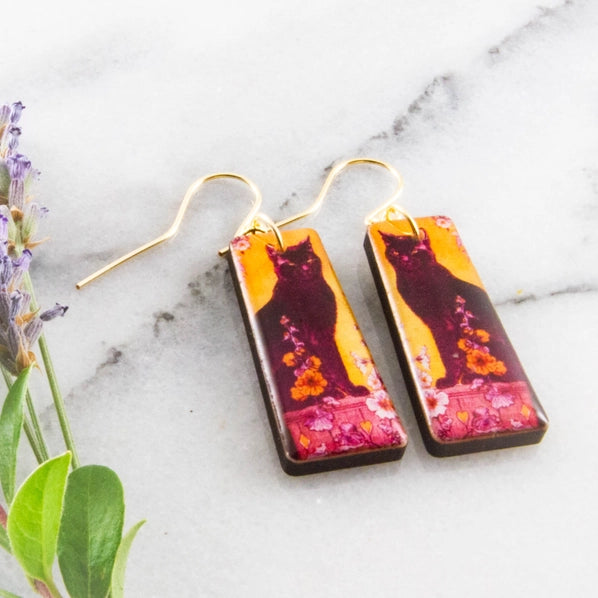 Art Nouveau Black CatTapered Rectangle Earrings