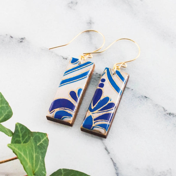 Blue + Gold Motif Rectangle Earrings