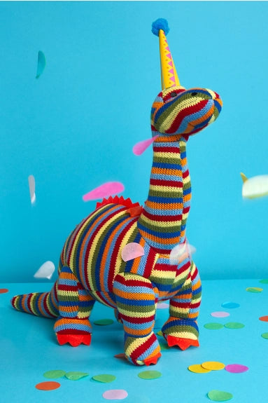 Knitted Rainbow Stripe Diplodocus Dinosaur Plush Toy | Best Years Ltd
