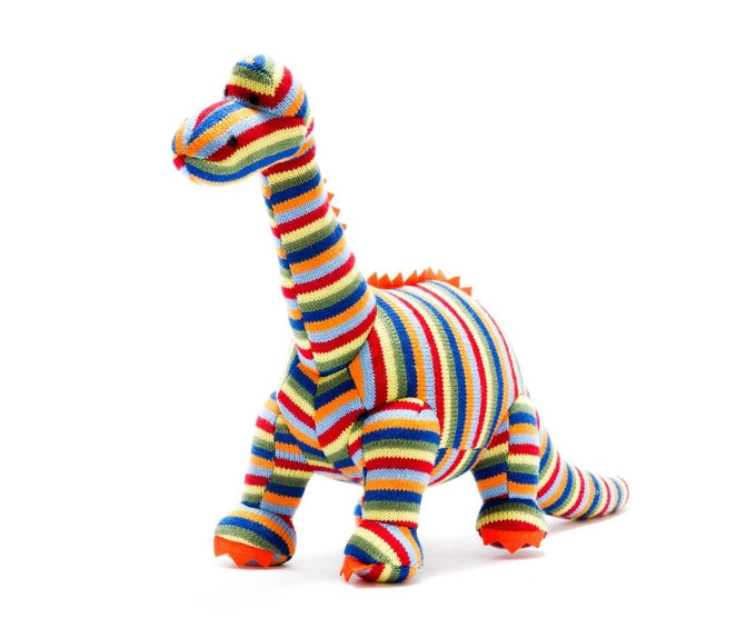 Knitted Rainbow Stripe Diplodocus Dinosaur Plush Toy | Best Years Ltd
