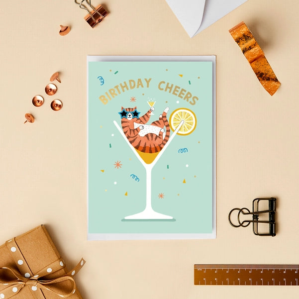 Cocktail Cat Birthday Cheers | Greeting Card