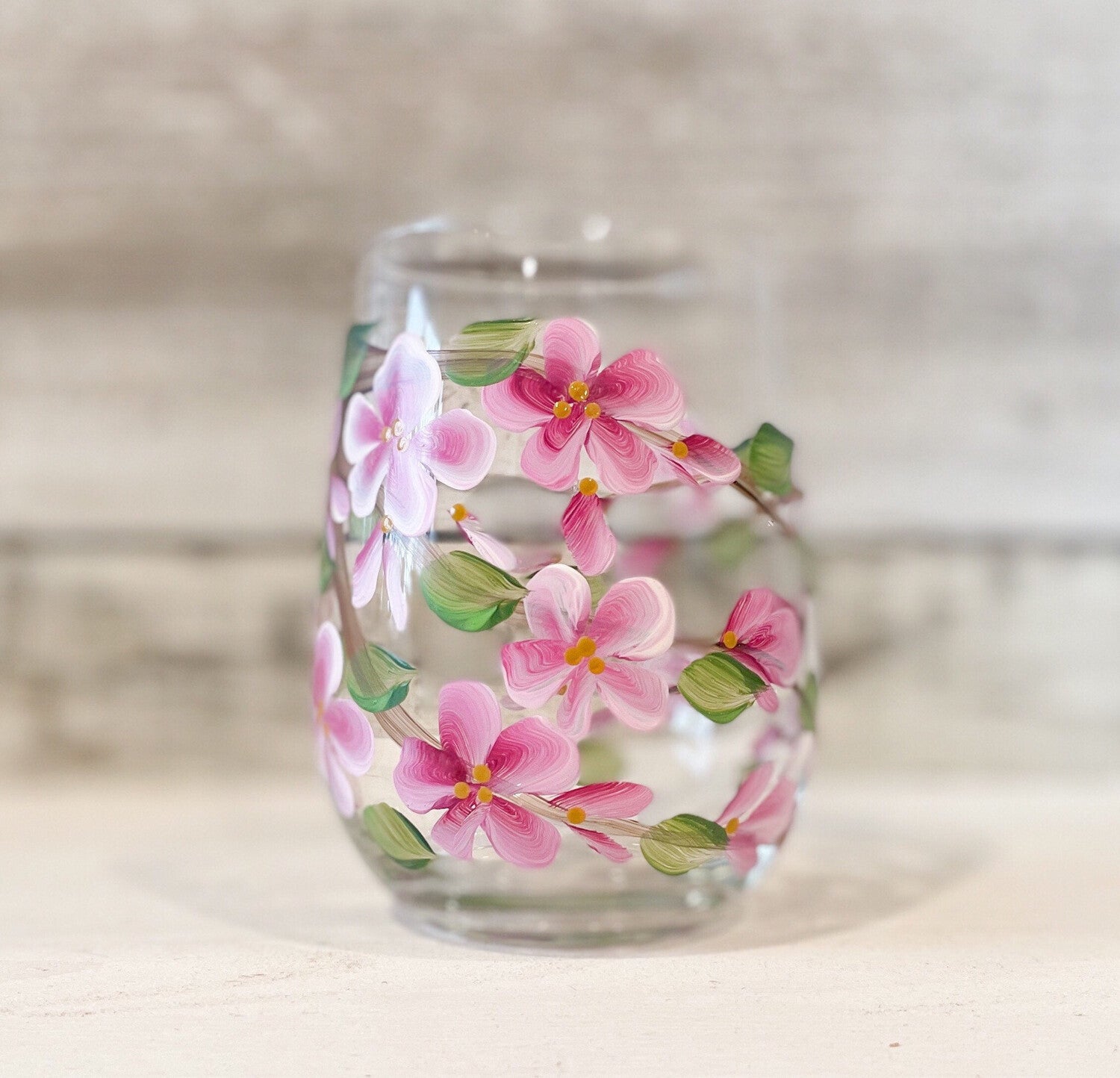 Cherry Blossom  - Stemless Hand Painted Wine Glass | CC Crafts| CC Crafts