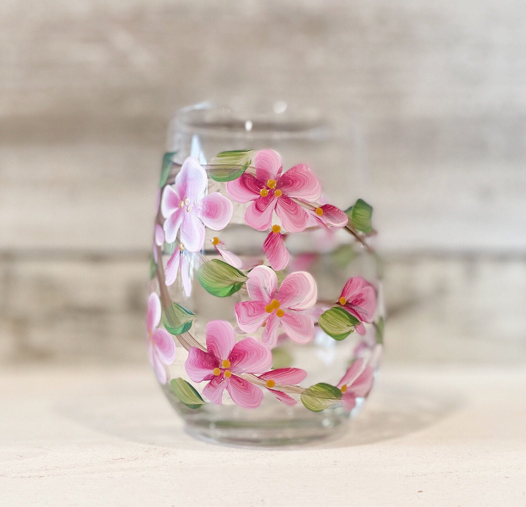 Cherry Blossom  - Stemless Hand Painted Wine Glass | CC Crafts| CC Crafts
