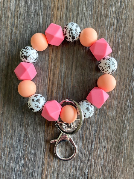 Coral Hexagon with Black Speckled Beads - Wristlet Keychain | Jillian Ink