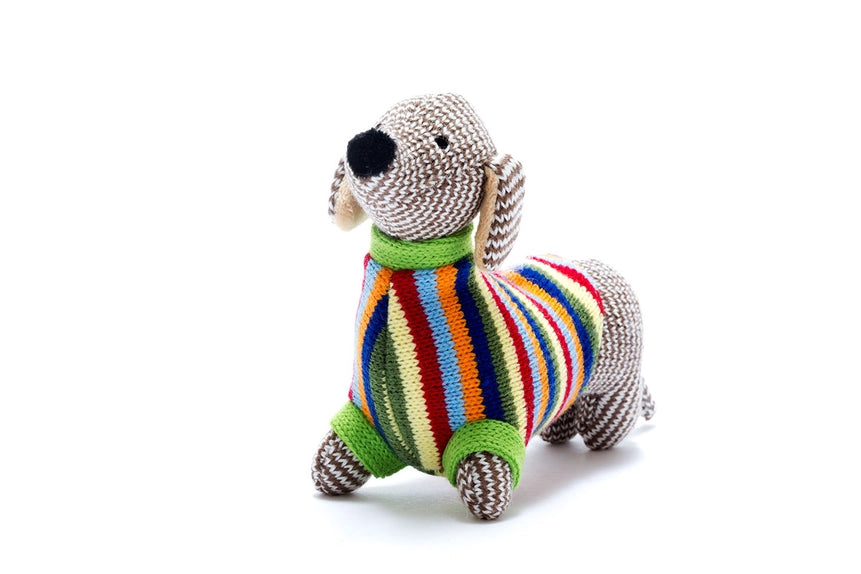 Knitted Bold Stripe Dachshund Baby Rattle | Best Years Ltd