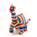 Knitted Rainbow Stripe Diplodocus Dinosaur Baby Rattle | Best Years Ltd