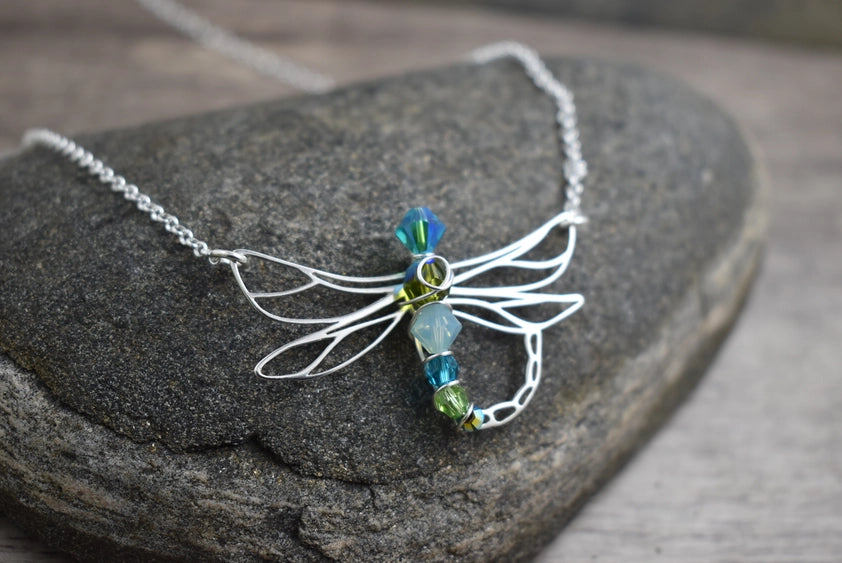 Dragonfly with Austrian Crystals - Sterling Silver Pendant Necklace