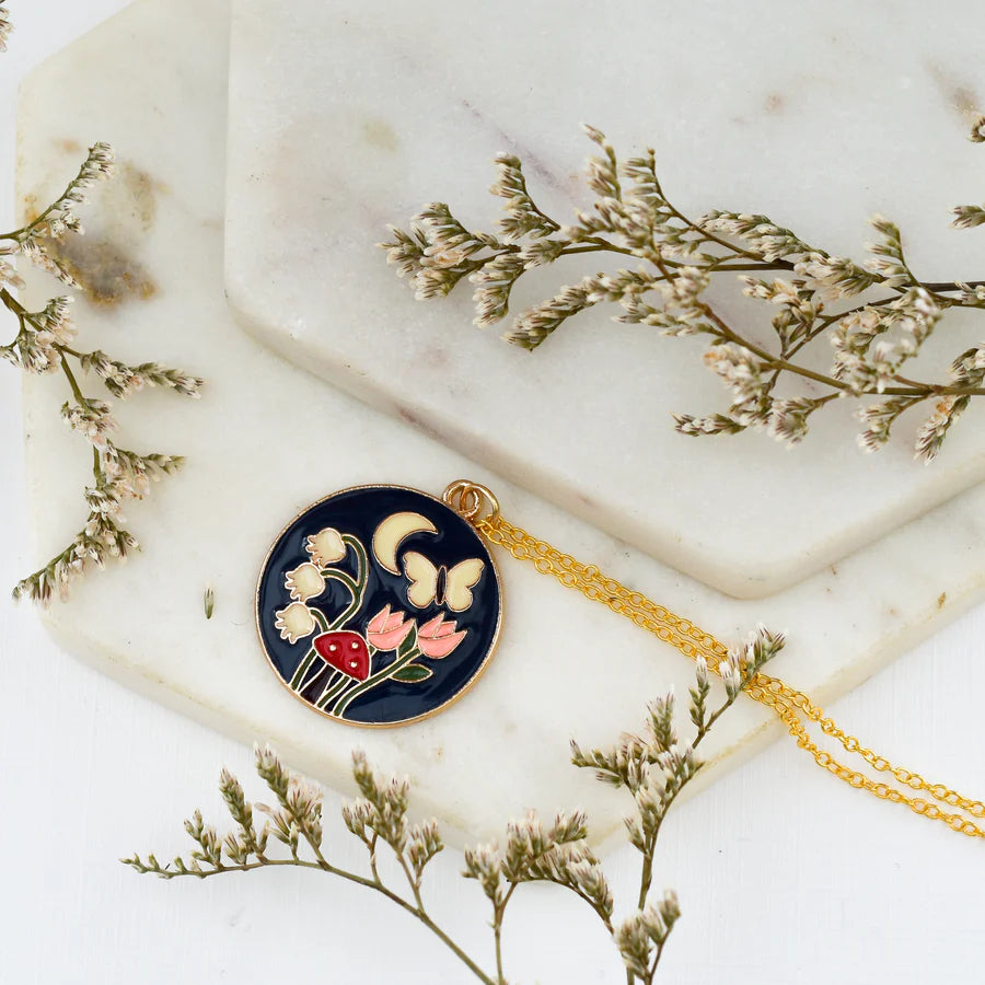 Enamel Moon & Birds Medallion | Necklace