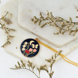 Enamel Moon & Birds Medallion | Necklace