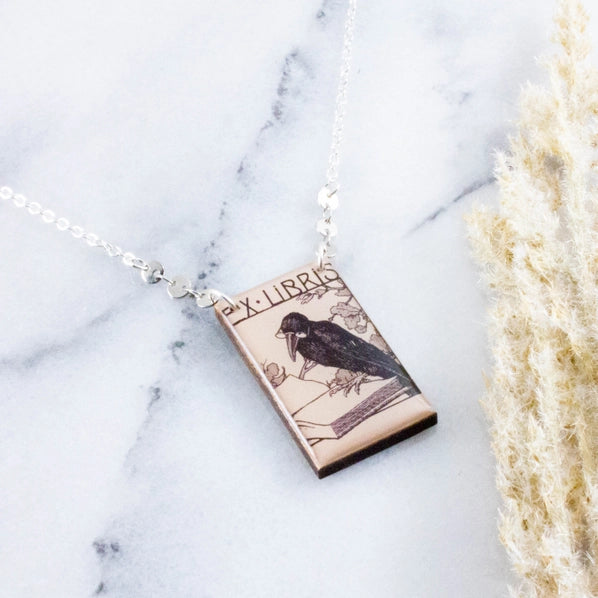 Vintage Ex Libris Crow Bookplate Necklace
