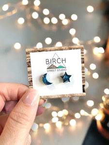 Galaxy Moon & Star - Wooden Stud Earrings | Birch Street Studio