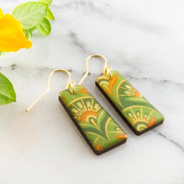 Green + Orange Art Deco Scallop Tapered Rectangle Earrings