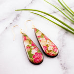 Green + Pink Cherry Blossom Teardrop Earrings