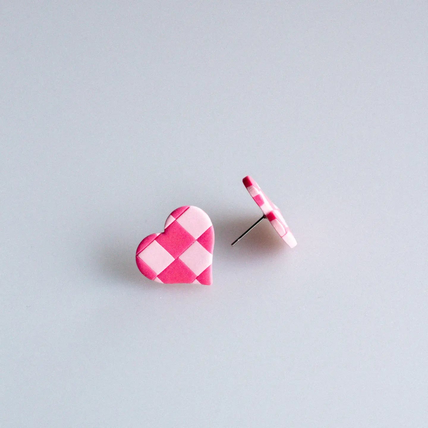 Pink Checkerboard Heart Studs | Handmade Clay Earrings
