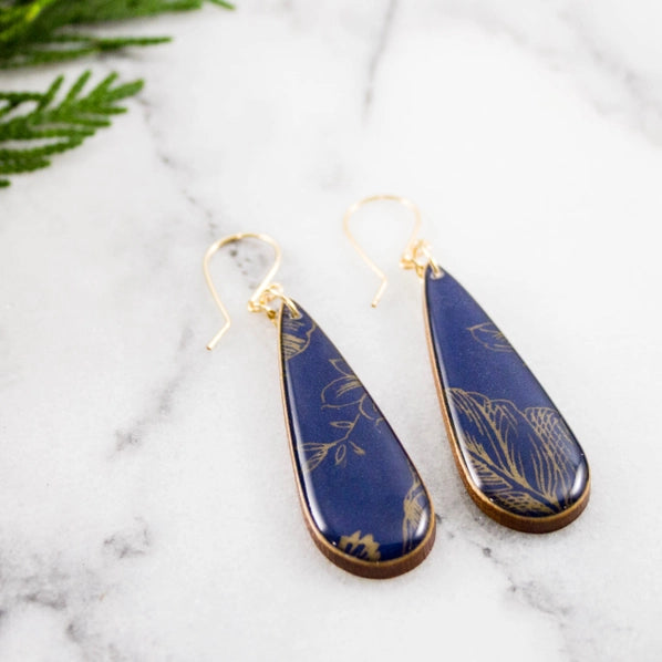 Navy + Gold Botanical Teardrop Earrings