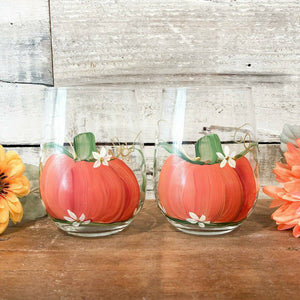 Orange Pumpkin  - Stemless Hand Painted Wine Glass | CC Crafts