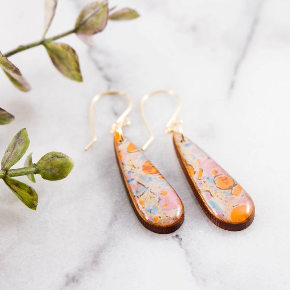 Orange + Aqua Marble Petite Teardrop Earrings