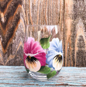 Pansy - Stemless Hand Painted Wine Glass | CC Crafts
