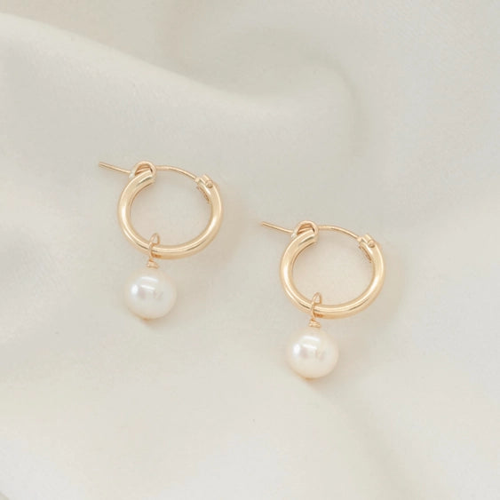 Pearl Hoop Earrings | Petite Gold