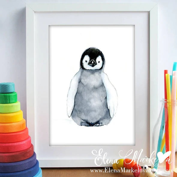 Baby Penguin Watercolour Nursery Print | Elena Markelova