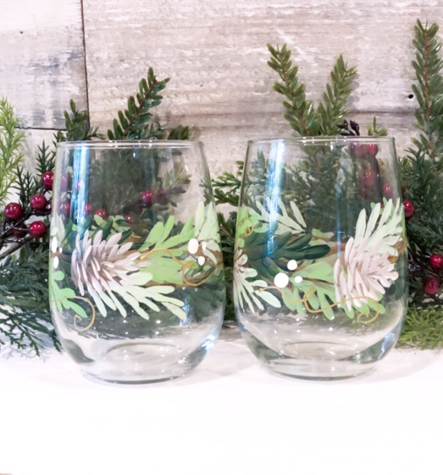 Pine Wreath and White Berries - Stemless Hand Painted Wine Glass | CC Crafts