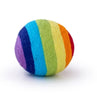 Rainbow striped wool dryer ball on a white background