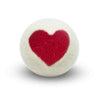 White wool dryer ball with a red heart design on a white background