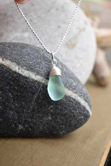 Drop - Wire Wrapped Eco Seaglass Pendant Necklace | Whitelotus Design