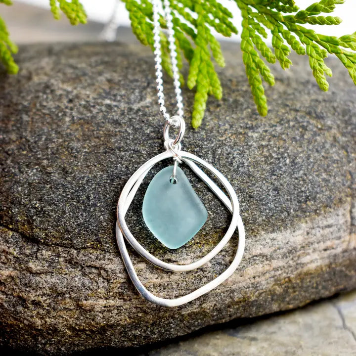 Organic - Eco Seaglass & Sterling Silver Double Frame Necklace | Whitelotus Design