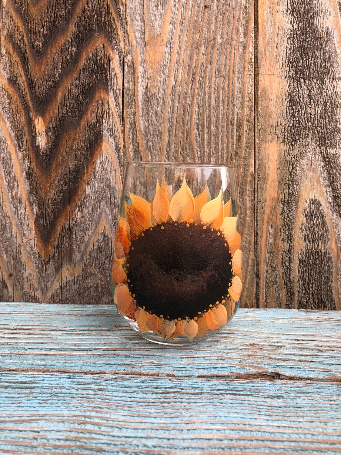 Sunflower  - Stemless Hand Painted Wine Glass | CC Crafts