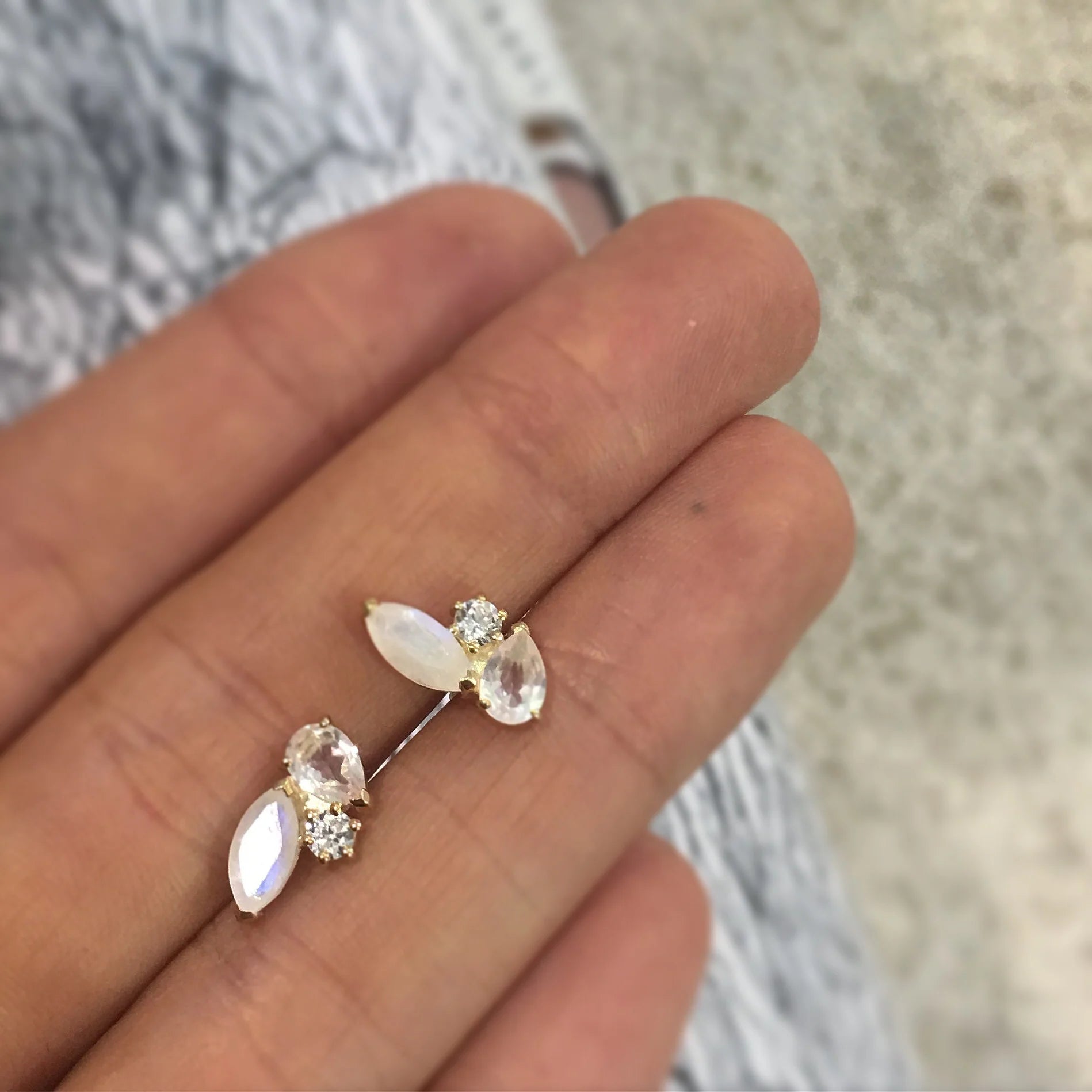Sweet Pea - Rainbow Moonstone, Rose Quartz & Diamond Stud Earrings | La Kaiser