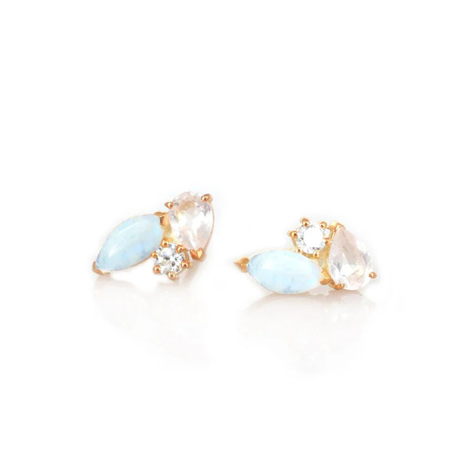 Sweet Pea - Rainbow Moonstone, Rose Quartz & Diamond Stud Earrings | La Kaiser