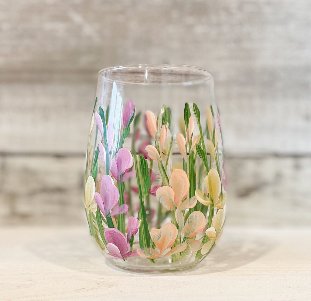 Sweet Peas  - Stemless Hand Painted Wine Glass | CC Crafts