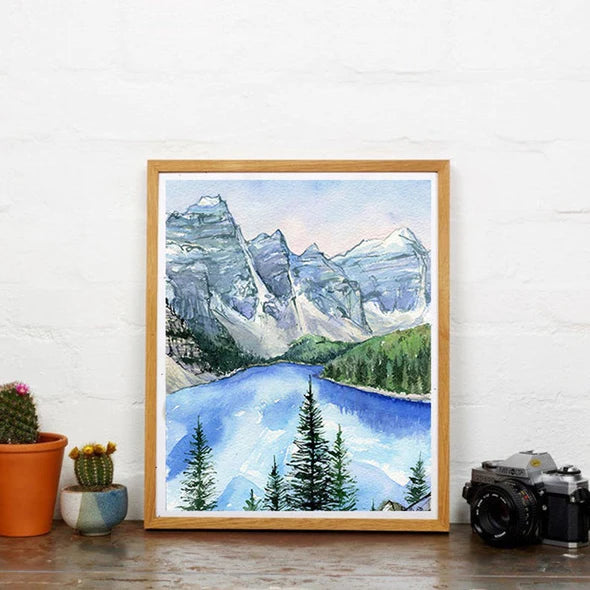 The Rockies - Moraine Lake Banff Watercolor Art Print | Elena Markelova