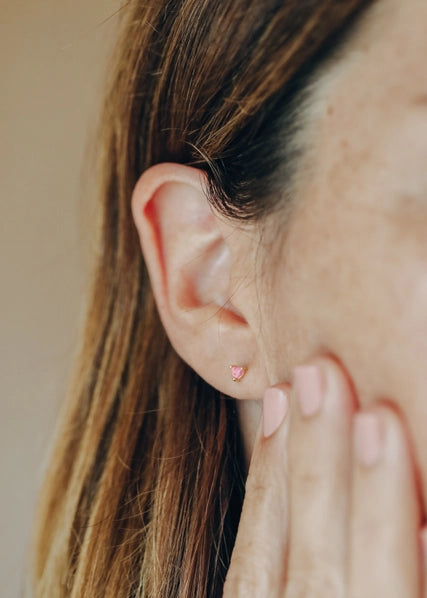 Pink Opal | Tiny Heart Gold Earrings