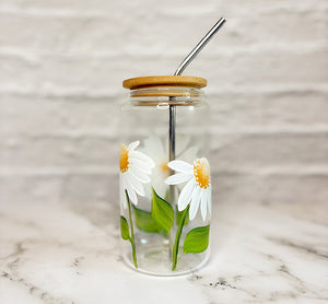 White Daisy | Hand Painted Glass Can Tumbler