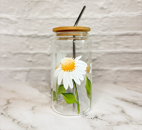 White Daisy | Hand Painted Glass Can Tumbler