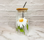 White Daisy | Hand Painted Glass Can Tumbler