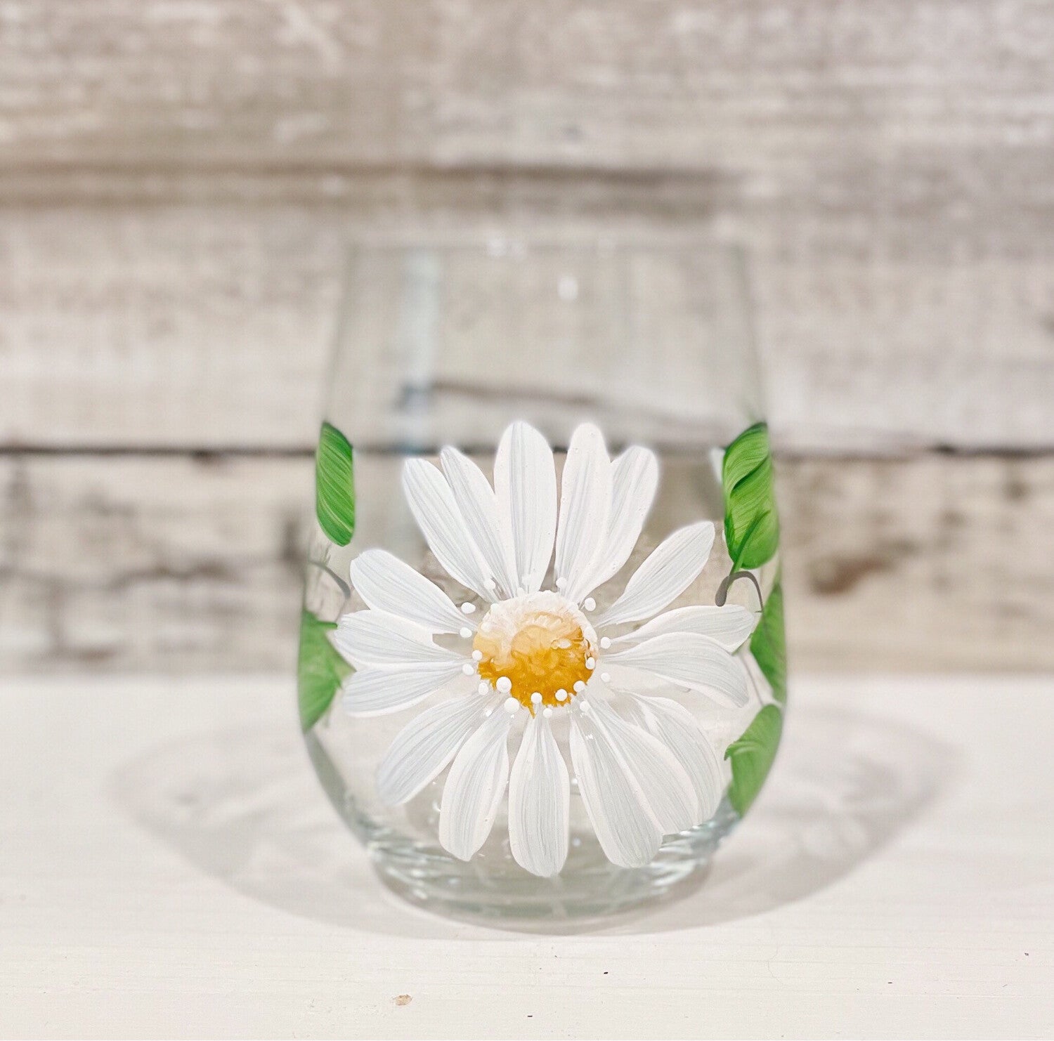 White Daisy  - Stemless Hand Painted Wine Glass | CC Crafts