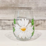 White Daisy  - Stemless Hand Painted Wine Glass | CC Crafts