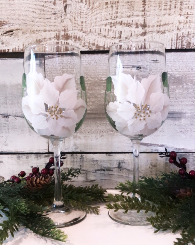 White Poinsettia - Stemmed Hand Painted Wine Glass | CC Crafts