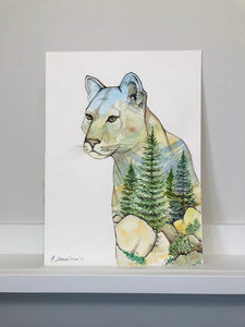Big Mountain Cat - Cougar Watercolor Art Print | Elena Markelova