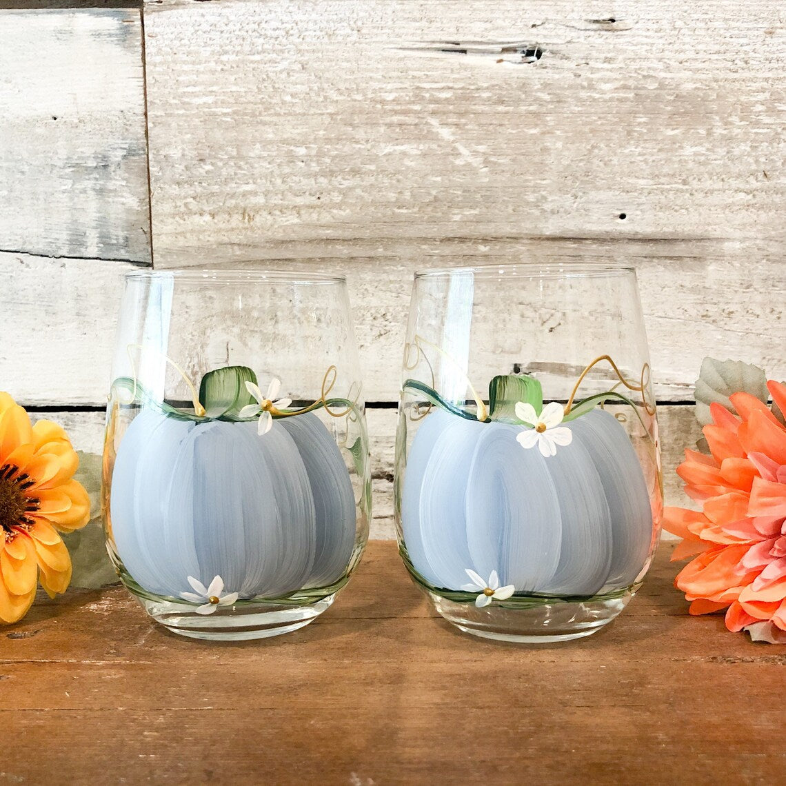 Blue Pumpkin - Stemless Hand Painted Wine Glass | CC Crafts