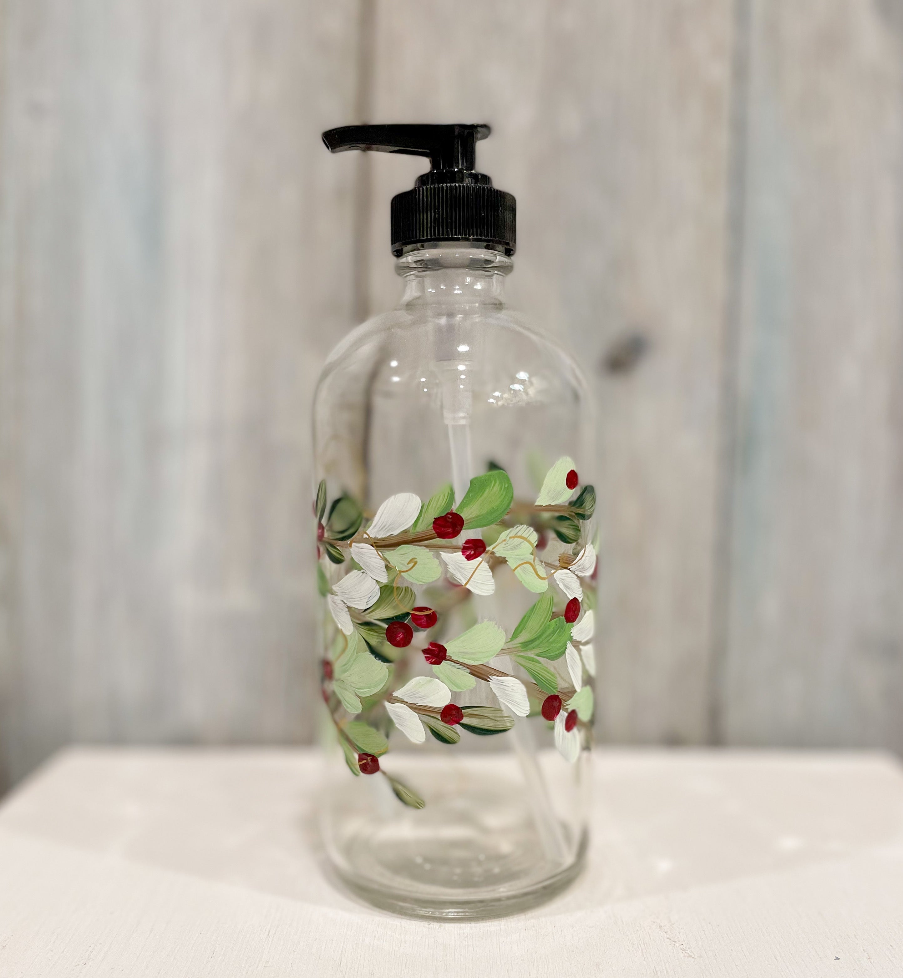 Boxwood Wreath with Red Berries - Hand Painted Soap/Lotion Bottle | CC Crafts