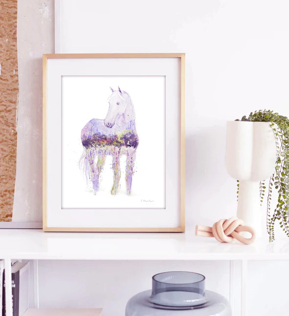 Lavender Dream - White Horse Watercolor Art Print | Elena Markelova