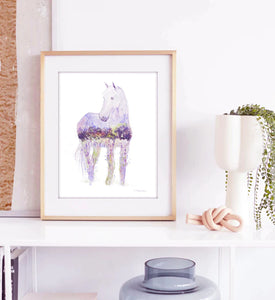 Lavender Dream - White Horse Watercolor Art Print | Elena Markelova