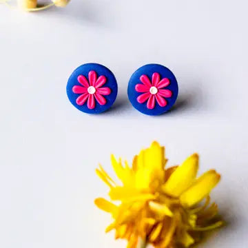 Cobalt + Hot Pink Mini Daisy Studs | Handmade Clay Earrings