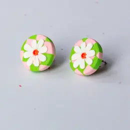 Pink + Green Daisy Checkerboard Studs | Handmade Clay Earrings